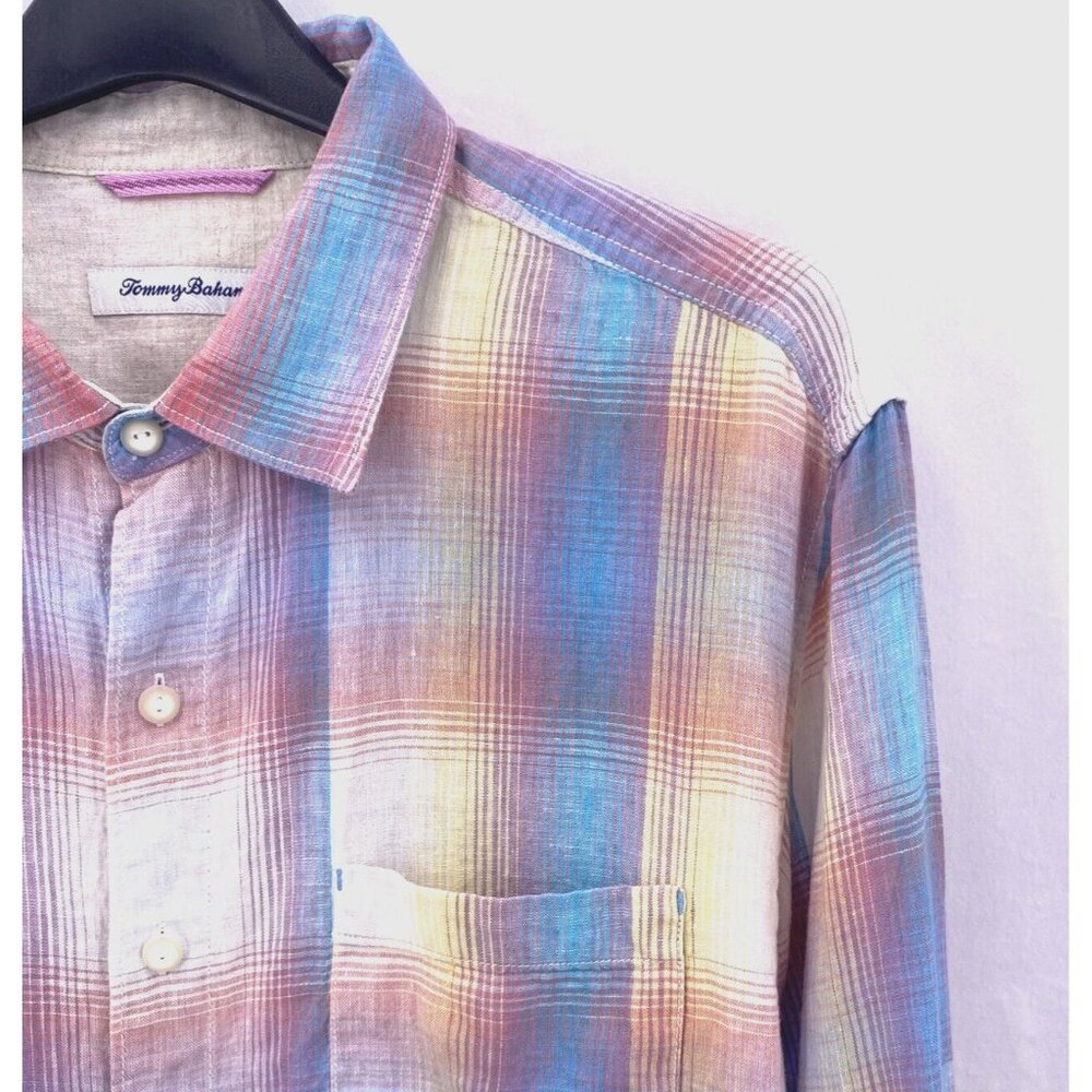 Tommy Bahama Shirt Men’s Size L 100% Linen Spring Plaid Pastel Long Sleeves